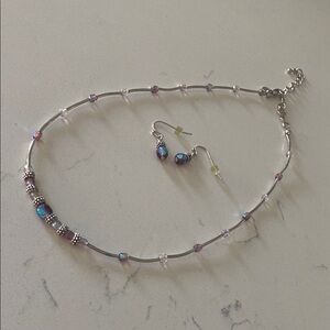 Elegant Silver and Purple Beaded Necklace and Earring Set